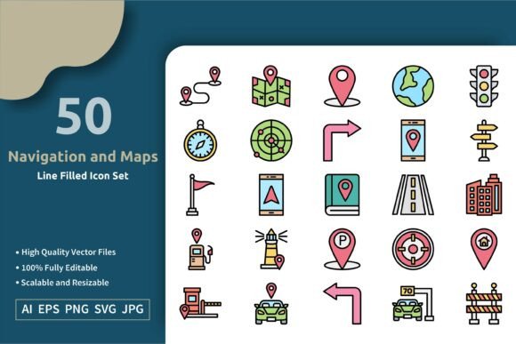 50 Vector Navigation Map Filled Icons: Graphics & Icons Review
