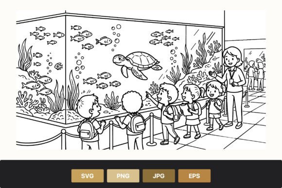 Children Observing Turtle in Aquarium Graphics and Illustrations