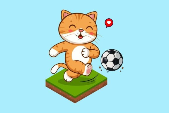 Cute Cat Kick Soccer Ball Graphics & Illustrations