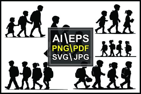 Silhouettes of Children Walking Backpack Graphics